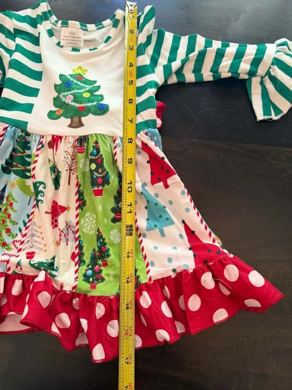 Girls Christmas Tree Patchwork Long Sleeve Ruffle Dress Green Striped Size 18m
